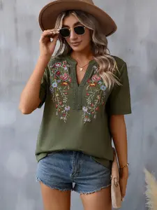 A women's floral embroidered lace trim V-neck fitted top Blouse Top, suitable for summer, daily casual wear, and home wear.