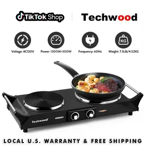 Techwood 1800W Electric Double Burner Hot Plate, stay-cool handle, Kitchen Countertop Range, Adjustable Temp, Compact Flat Design, Black Stainless Steel, All-Cookware Compatible, Portable