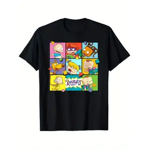 Men's Rugrats Squad Graphic T-Shirt - Black Casual Cotton Crewneck with Colorful Cartoon Print, Short Sleeves, All-Season Wear, Machine Washable