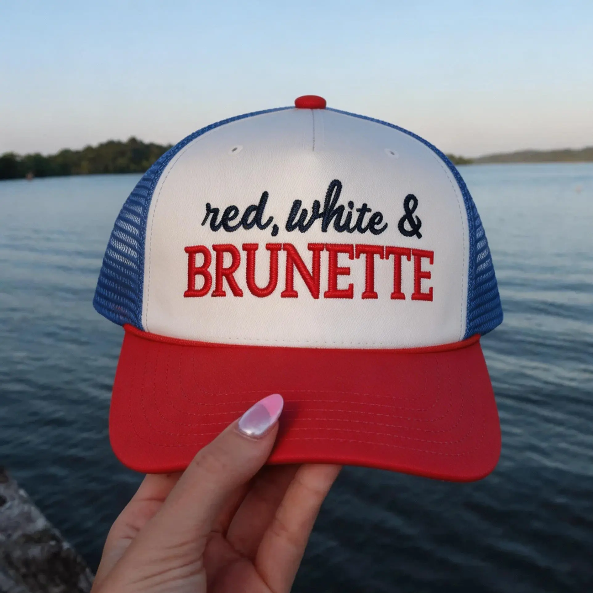 Women's Red White & Brunette Patriotic Mesh Snapback Baseball Cap, 4th of July Country Girl Summer Festive Party Hat