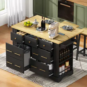 Rolling Kitchen Island with 6 Storage Drawers & Pull Out Trash Can, Drop Leaf Countertop with Power Outlet, 5 Open Side Racks Mobile Cart for Kitchen & Dining Room