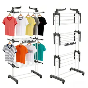 Clothes Drying Rack, Oversized 4-Tier(67.7" High) Foldable Stainless Steel Drying Rack Clothing, Movable Drying Rack with 4 castors, 24 Drying Poles and 14 Hooks for Bed Linen, Clothing