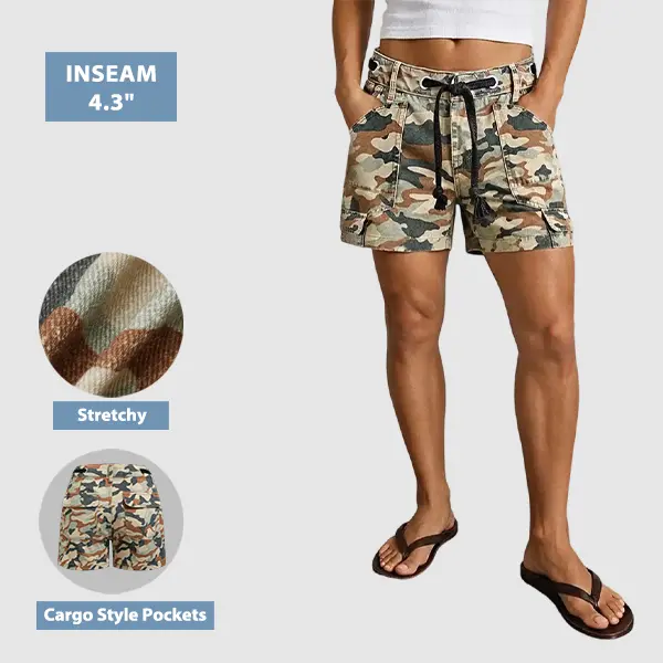 Flamingals Camo Print Patch Pocket Eyelet Drawstring Mid Rise Shorts Stretchy 4.3" Inseam