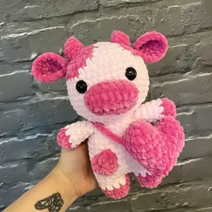 Pink Cow Amigurumi Plush with Heart Bag – Handmade Crochet Stuffed Animal, Kawaii Gift, Custom Colors