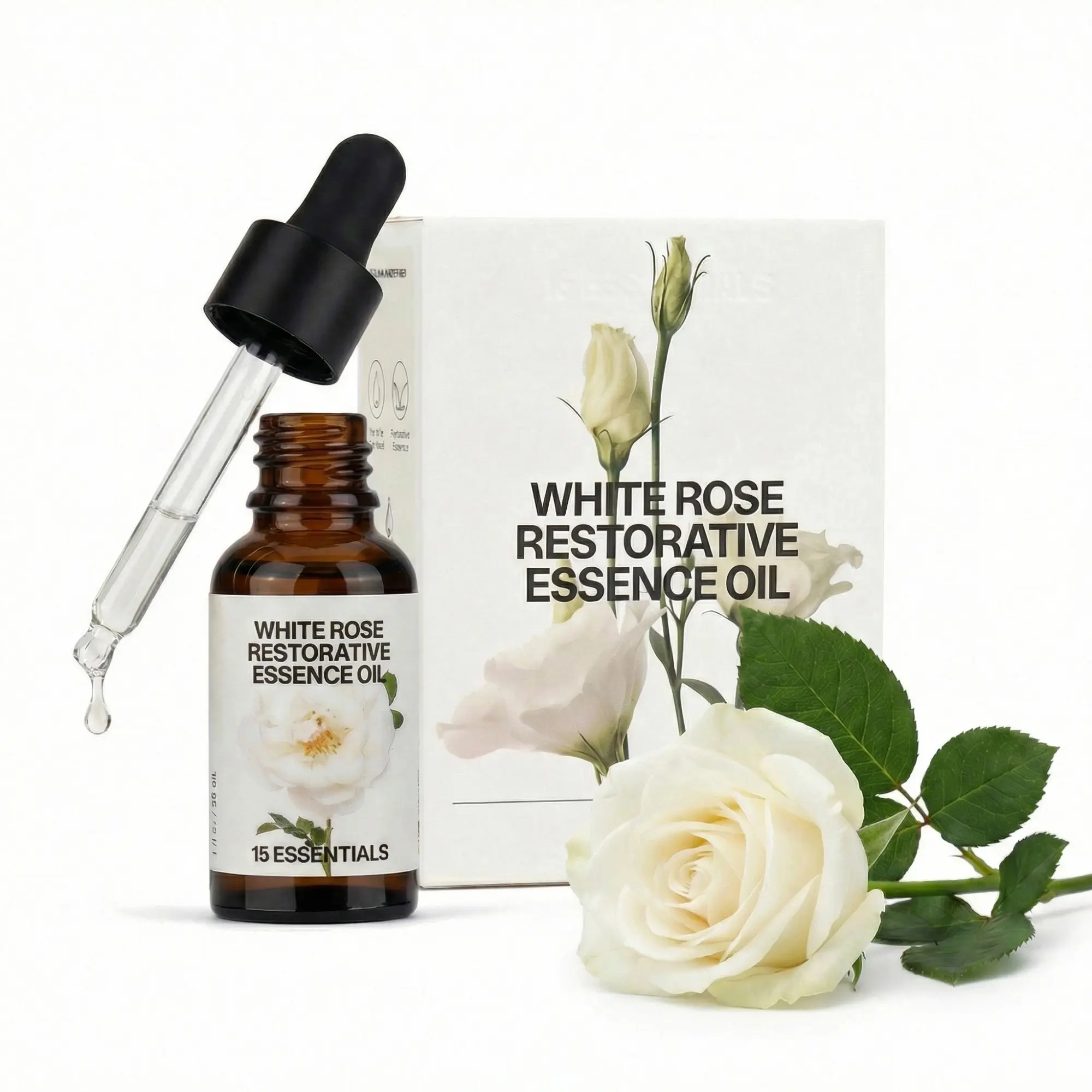 15 ESSENTIALS White Rose Restorative Face Oil - Lightweight Hydrating Skincare Serum with Rose Extract, Anti-Oxidants, Soothing for Sensitive, Dry Skin Repair & Natural Glow, 1 fl oz/30 ml (1 to 1.9 fl oz Range) sohochic