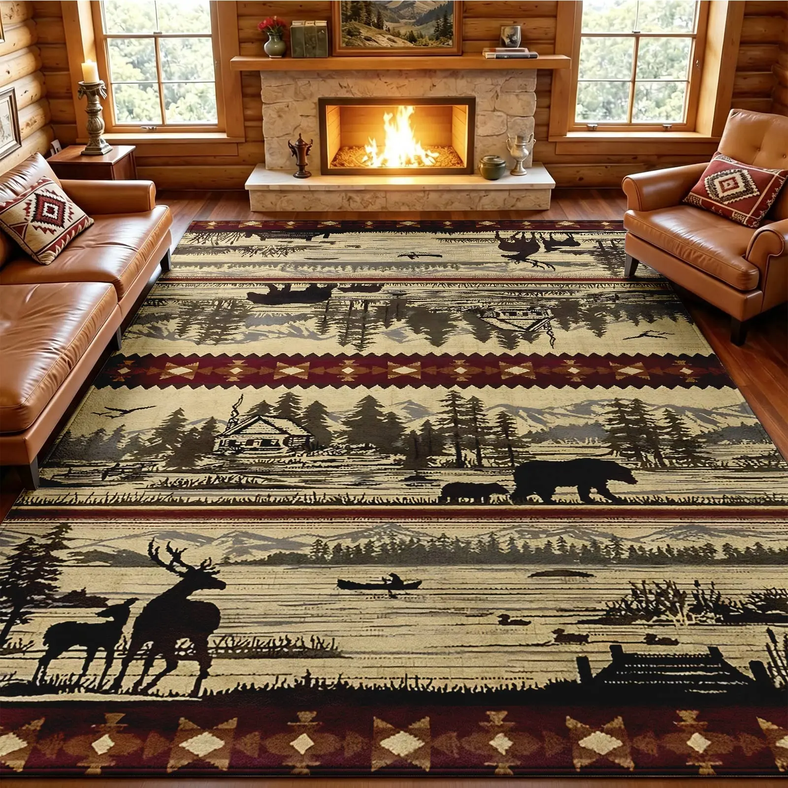 5x7ft Rustic Western Geometric Area Rug, Lodge Wildlife Scene with Bear, Deer & Canoe Motif, Southwestern Border, Soft Low-Pile Non-Slip Machine Washable Carpet, Cozy Home Decor for Living Room, Bedroom, Rustic Western Geometric Area Rugs