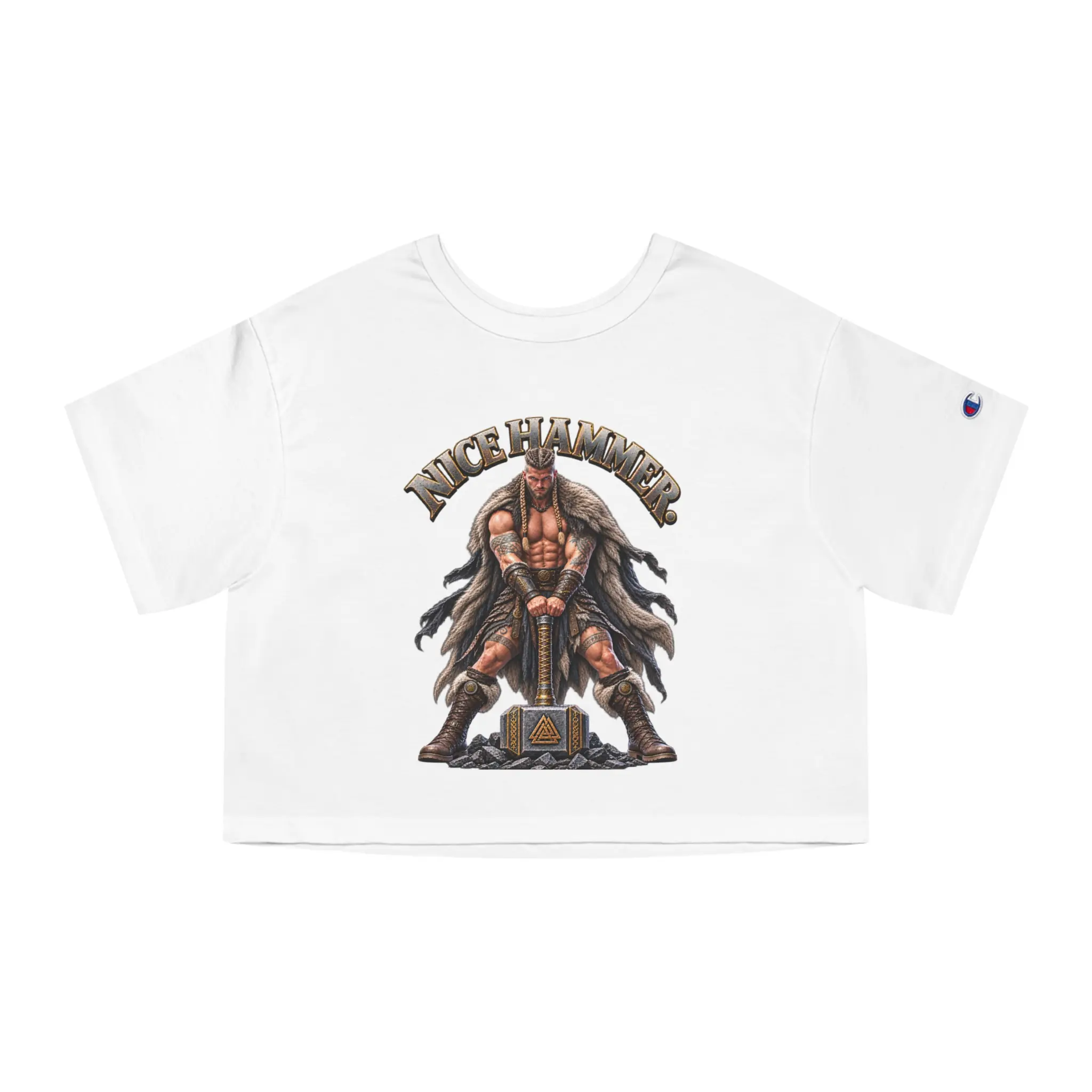 Viking Warrior Illustration Cropped T-Shirt | Norse Axe Shield Design