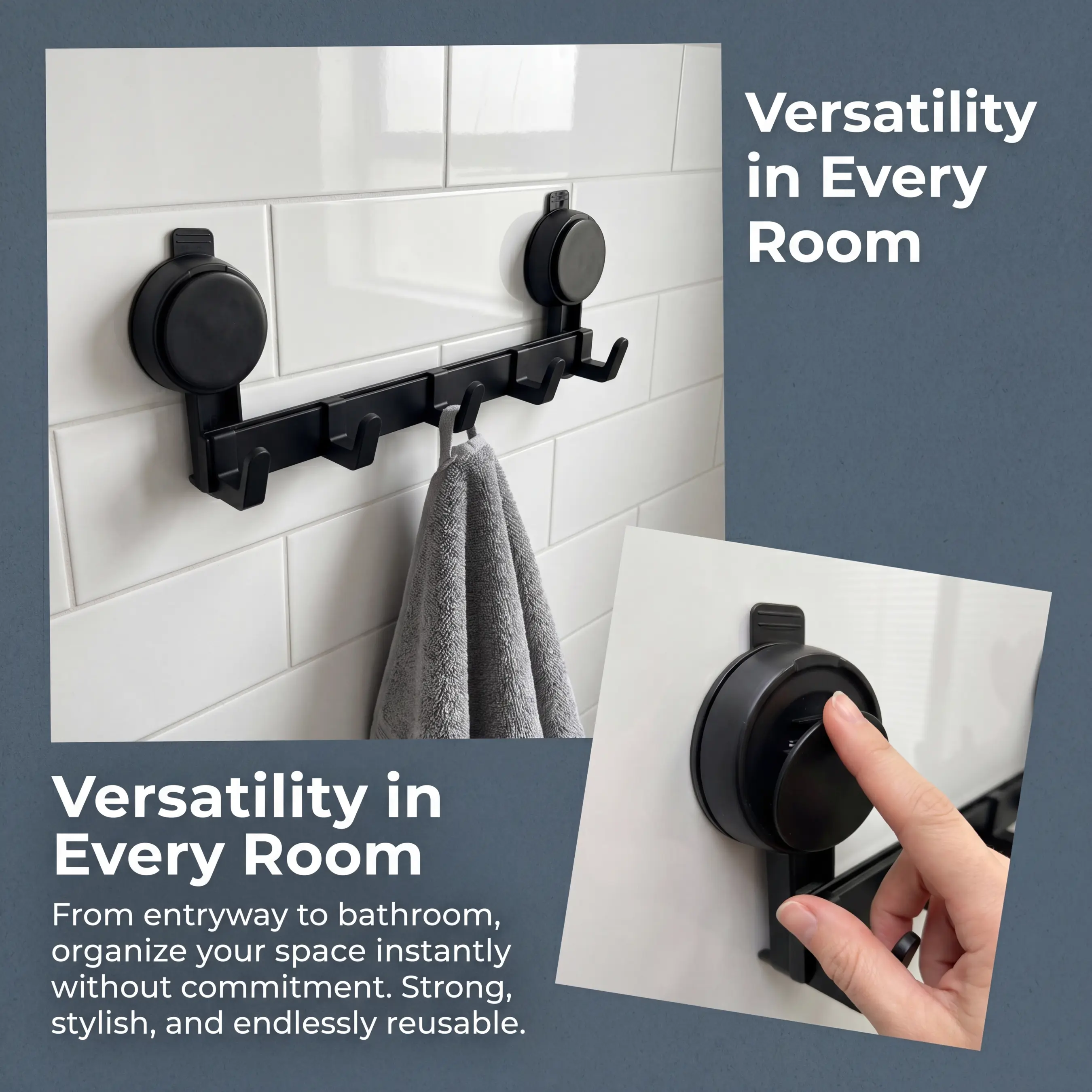 Matte Black 5-Hook Aluminum Suction Cup Hanger - No-Drill Heavy-Duty Removable Wall Hook, Strong Suction Cup Organizer for Entryway, Glass/Tile, Bathroom Towel Storage, Coat, Umbrella, Key Hanging