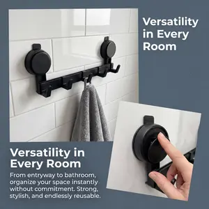 Matte Black 5-Hook Suction Cup Hanger - No-Drill Heavy-Duty Removable Aluminum Organizer for Entryway, Glass/Tile, Waterproof Rustproof Space-Saving for Coat, Umbrella, Key Storage