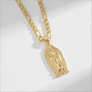 Golden Jesus Pendant Necklace with Colorful Cubic Zirconia