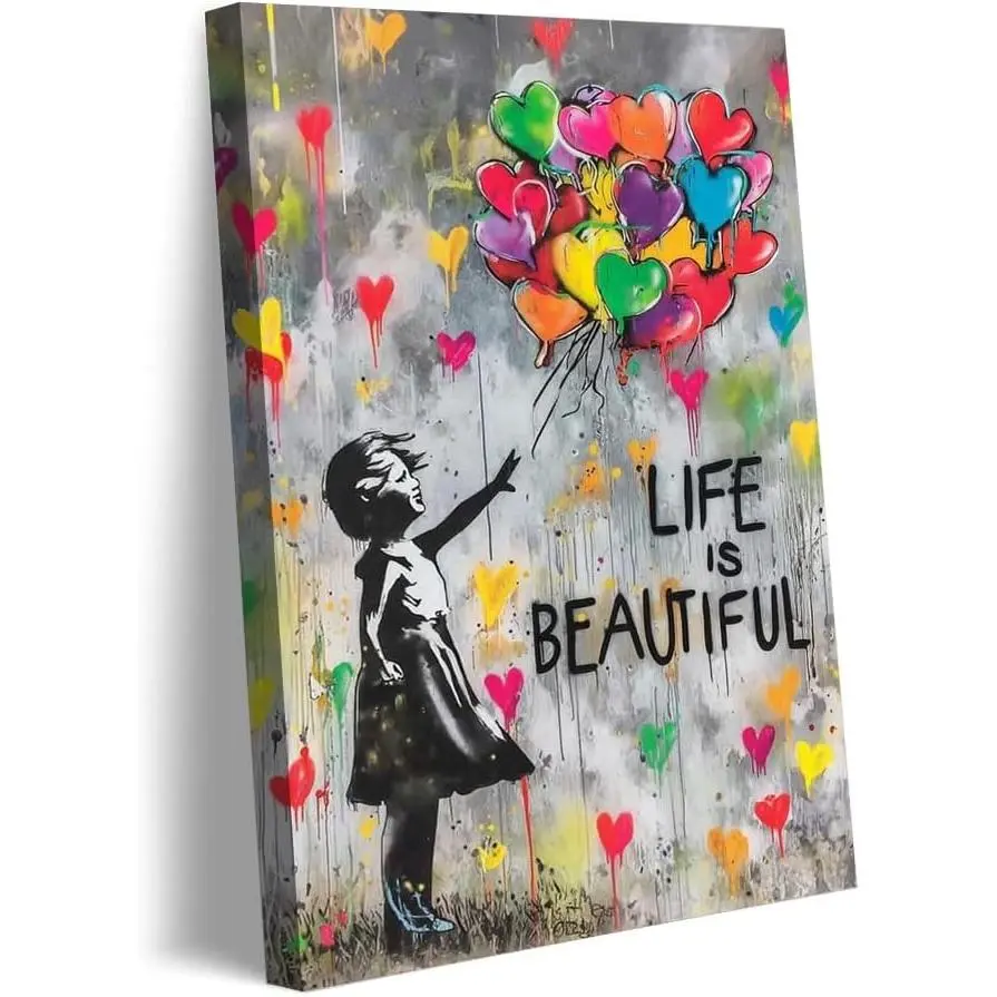 Life is Beautiful Graffiti Wall Art Canvas Prints Poster Colorful Heart Balloons Girl Artwork Decor for Bedroom Living Room Home Office Nursery Kids Room Teenager-Unframe-Made in USA-12x18inch