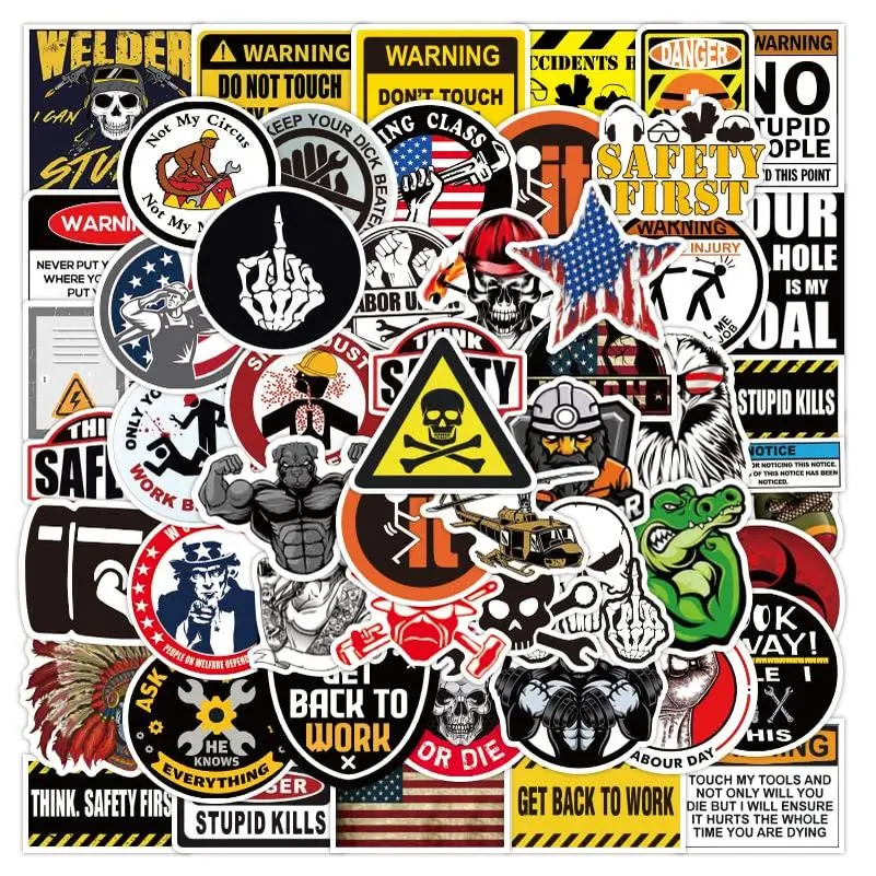 50 Pcs Vinyl Sticker of Funny Warning Signs for Work Place Safety Waterproof Stickers Bomb for Wall, Computer, Laptop, Skateboard, Water Bottle, Mug, Kids Scrapbook Gift for Birthday, Christmas, Thanksgiving (Warning Signs)