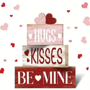 4 Pcs Valentine's Day Wooden Signs Heart Table Decor Rustic Distressed Valentines Centerpieces Blocks Farmhouse Tiered Tray Decor Valentine Day Decorations for Home Desk Shelf Desk Signs Ornament