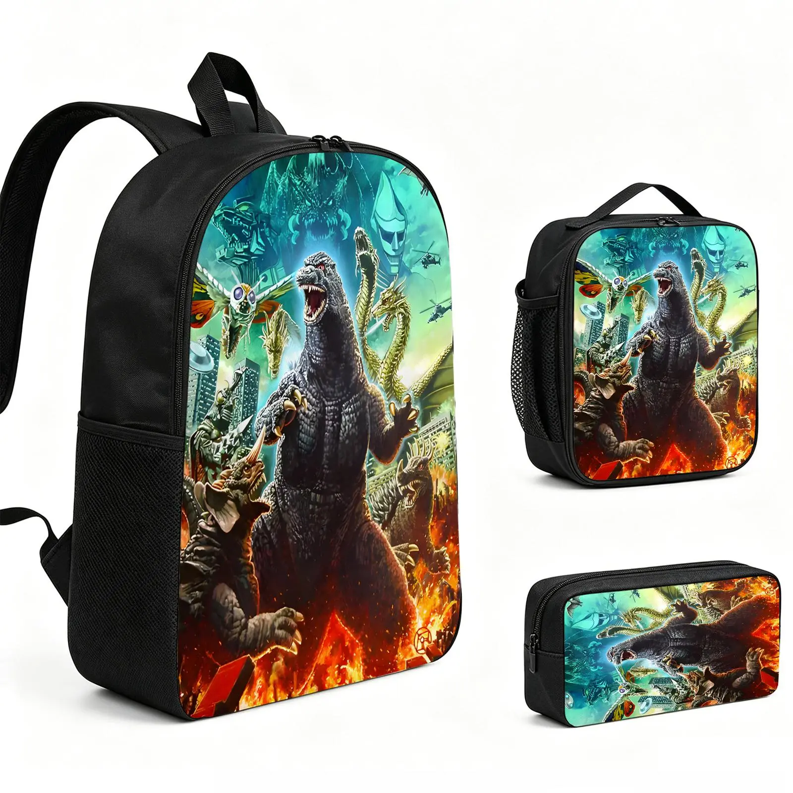 Godzilla 3-Piece Backpack Set with Vibrant Print, Zipper Closure, Adjustable Shoulder Strap, Durable School Bookbag, Insulated Lunch Tote & Pencil Bag, 1-Size Holiday/Birthday Gift for Teens (L-48), One Size