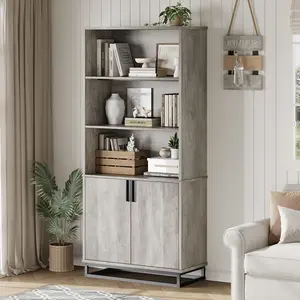 71" Tall Farmhouse Industrial Bookshelf with Doors, 5-Tier Wooden Bookcase with Adjustable Shelves & Grey Metal Base, Storage Cabinet Bookshelf for Living Room, Bedroom & Home Library