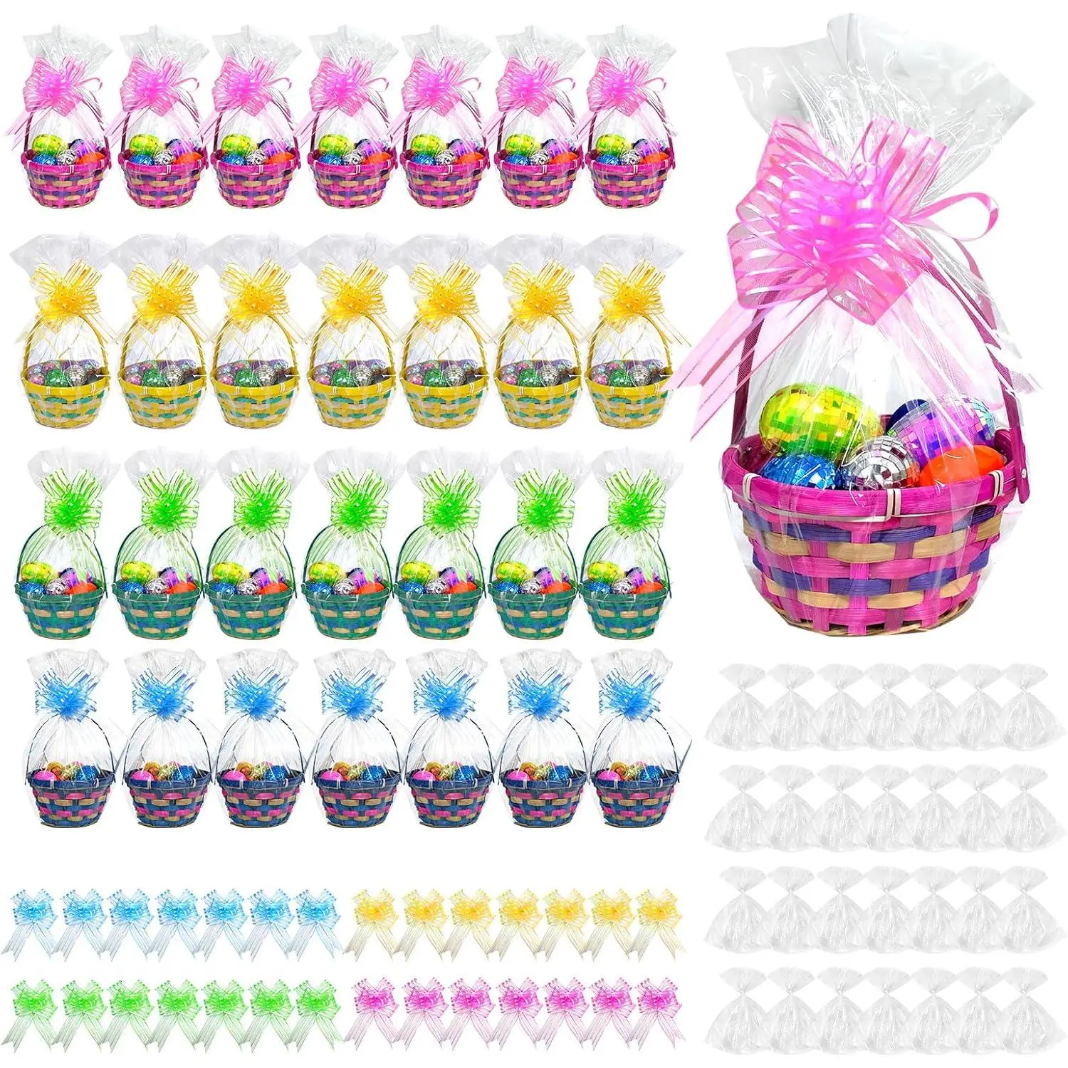 28 Pcs Bamboo Easter Basket Bulk Set with Handle, Bow Wrapping Round Woven Basket, for Easter Bunny Egg Hunt Party Supplies (Classic, 4 Colors)