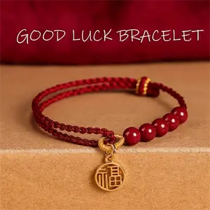 1pc Red Braided Bracelet with Fortune Charm Pendant, Casual Style, No Magnetic
