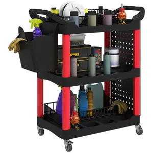HOMCOM 3-Tier Rolling Tool Cart with Wheels, 200 LBS Capacity Plastic Utility Cart with Side Shelf and Bucket, Mobile Service Tool Organizer for Garage, Warehouse, Workshop, Black and Light Gray