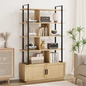 5 Tier Rattan Bookshelf with Storage Cabinet & Door, 71.1 Inch Tall Industrial Book Shelf with Open Display Shelves, Industrial Wood and Metal Bookcase – Open Display Shelves – Standing Shelf