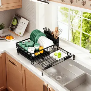 Black Expandable Dish Drying Rack – Extendable Metal Drainer, Rustproof & Space Saving for Kitchen Sink