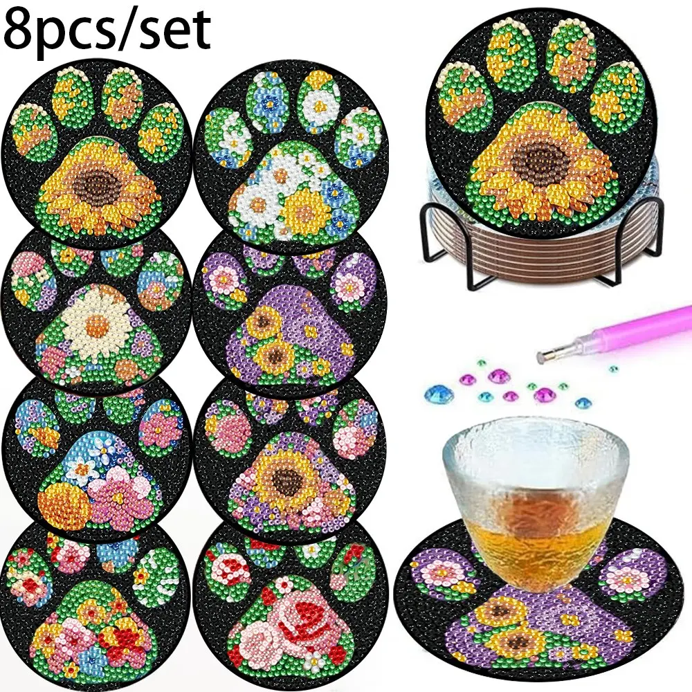 8 Piece Paw Print Floral Diamond Puzzle Coasters with Stand, DIY 5D Dog Paw Sunflower Pattern, Non-Slip, Home Decor Decoration