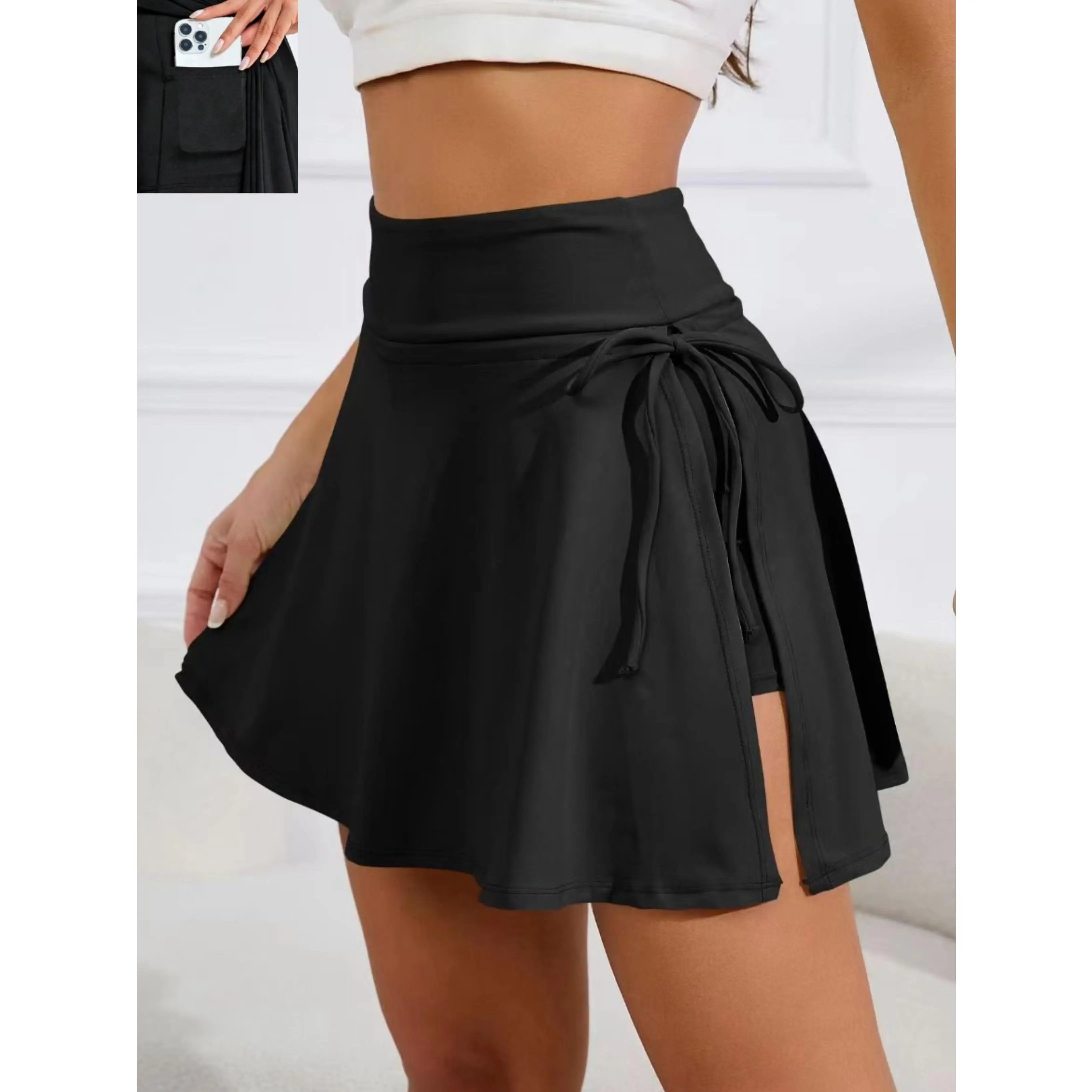 Women's Athletic Stretchy Skorts, Solid Color Asymmetrical Active Skirt Style with Built-In Shorts and Pocket for Tennis and Workouts, Athletic Dress Sport Skort