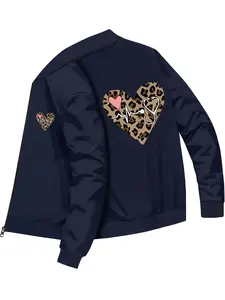 Trendy Fashion Women's Leopard Heart ECG Pattern Printed Bomber Jacket for Daily Wear and Casual Outings