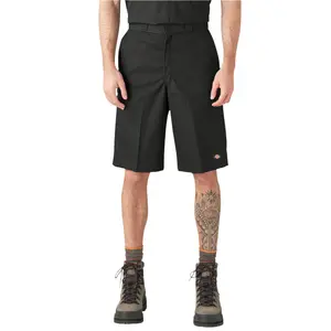 Dickies Men's Classic Loose Fit 13" Mid-Waist Belt-Style Long Work Shorts, Black Minimalist Plain Cotton-Polyester Heavyweight Wrinkle-Resistant Fabric, Hook-and-Bar Closure, Belt Loops, Pocketed Design, Style D42283BLK, Belt-Style Men's Shorts