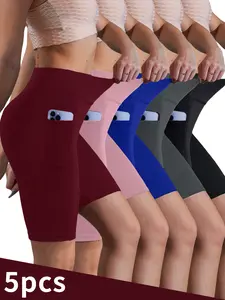 5 Pack High Waisted Biker Shorts For Women With Pockets, Super Soft Tummy Control No See Through Workout Running Yoga Athletic Shorts