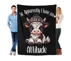 Cute Highland Cow "I Have An Attitude" Throw Blanket, Funny Farm Animal Cozy Design, Ideal Gift for Cow Lovers, Perfect for Birthday, Christmas, Blankets for Bedroom, Throw Blankets