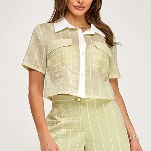 Chic Striped Short Sleeve Crop Top with Pockets and Button Front Design