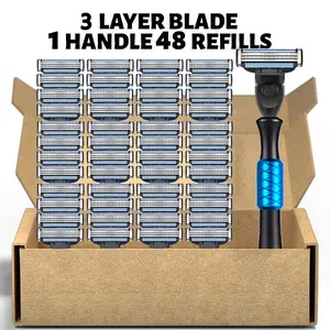 Men's Razor Blade Replacement, 48pcs Razor Blade & 1 Count Handle, Sharp Handheld Razor Blade, Stainless Blades, Men's Care Product for Daily Use, Shaving Razors