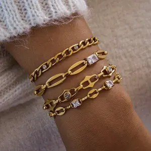 18K Gold Plated Titanium Steel Chain Bracelets for Women Dainty Layered Link with Cubic Zirconia Stackable Minimalist Jewelry Set Elegant Gift for Her