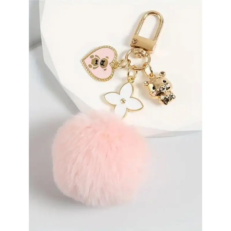Aeropostale Keychain Set - Year-Round Clutter-Free Sports Accessory with Dual Charms (Hearts, Cartoon Teddy Bear), Soft Faux Fur Pom Pom, Unfinished Metal Clip, Wall-Mounted Key Hooks, Backpack Compatibility, 1-Size