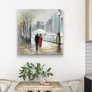 360 Stand Beige Contemporary 32x32 in. Rain Scene Couple Photo Print Wall Artwork, Urban Landscape Home Decor Poster for Wall Decoration, Room Accent, Artistic