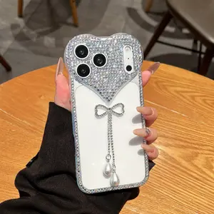 Luxury Heart Lens Diamond Bow Fringe Pearl Pendant Case Transparent for iPhone 17 16 15 14 13 12 11 Pro Max, Cute Style, Holiday Gift