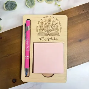 Personalized Teacher Sticky Note Holder with Pen, Engraved Wood Teacher Appreciation Desk Accessory