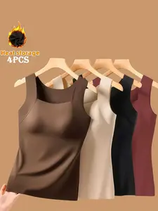 4pcs Women's Seamless Warm Tank Top with Built-in Bra- Slim-Fit Lifting, Light Beige-Friendly Base Layer, Sleeveless Wide Straps, Solid Black/Apricot/Brown, Smooth Washable Fabric, All-Season Layering for Daily Use, Allseason Wear, Casual Everyday