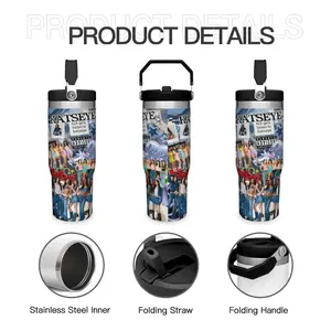30oz Katseye Themed Tumbler with Handle & Straw, Large Capacity Insulated Leakproof Stainless Steel Travel Mug for Hot Cold Coffee Milk Tea, Portable Cup Gift for Girls, Teens, Fans, Girlfriend, Back to School, Daily Travel Use