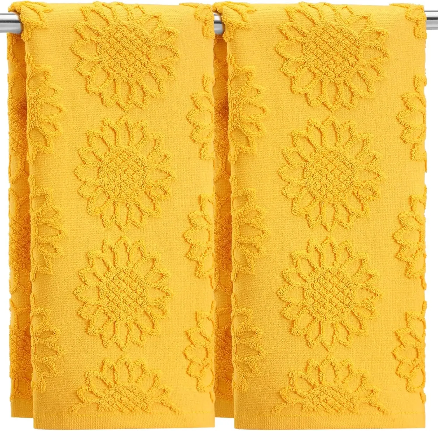 2 Pcs 100% Cotton Jacquard Weave Sunflower Hand Towel Set Soft Absorbent Washcloth for Bathroom Kitchen Summer Theme Gift 13.8 x 29.5 Inch Yellow