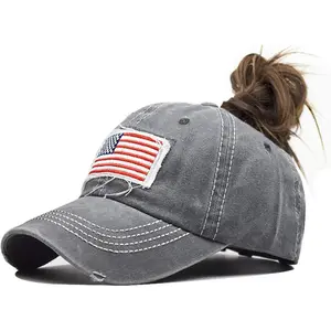 Women  Flag Ponytail Hat Embroidery Washed-Cotton Messy Bun Baseball-Cap Adjustable