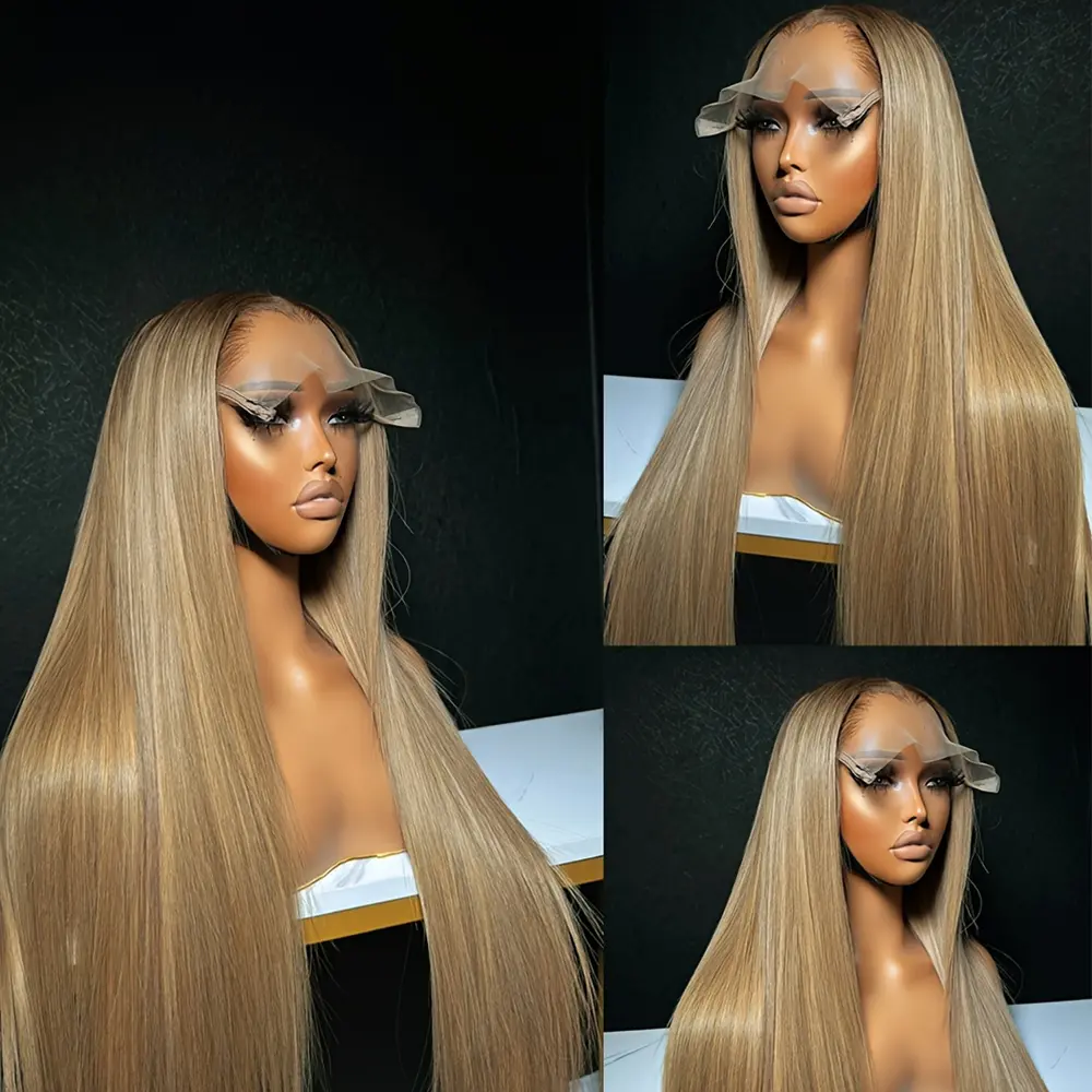 Ash Blonde Ombre Lace Front Wig, 26 Inch Long Straight Synthetic Hair with Brown Roots, Glueless 13x4 HD Transparent Lace, Pre-Plucked for Women's Fashion & Daily Use, 180% Density, Baby Hair