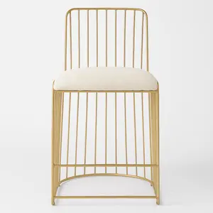 Modern Gold Wire Counter Height 25” Dining Chair with White Boucle Cushion – Minimalist Metal Frame Seating