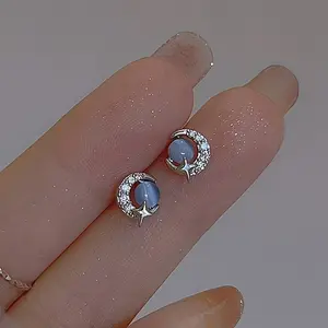 Blue Cat'S Eye Stone Moon And Star Earrings Casual Trendy Jewelry