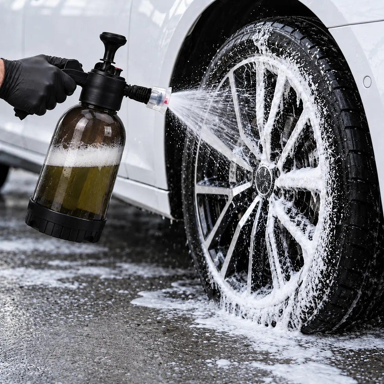 Premium Foam Pump Sprayer for Car Washing, 2L Hand Pressure Foaming Spray Bottle with Adjustable Nozzle and Trigger Lock, Clear Canister with Level Indicators for Car Detailing and Cleaning