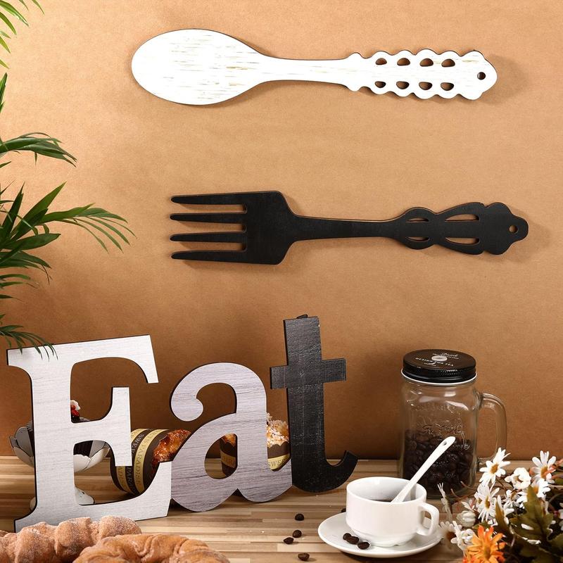 Eat Sign Set with Fork and Spoon Wall Decor Rustic Wood Country Art for Kitchen Home 35x17.5cm Durable Wooden Letters Stylish Colors Easy Hang Hooks Ornaments Hangable