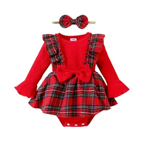 Newborn Christmas Outfit Baby Girl Romper Ruffle Long Sleeve Ribbed Christmas Dress with Headband