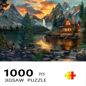 S&H 1000/500 Piece Large Puzzle with Box - Challenging Mountain Lake House Scenery, Including Wooden House, Pine Trees, and Waterfall - Vibrant Sunset/Sunrise Colors, 500+ Pieces Family Game Night Adult Puzzle Toy