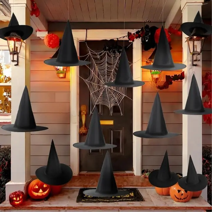 Halloween Floating  Hats - Hanging Witches Hats,Black  Hat Hanging Decor,Black Wizard Hat Bulk for Women with 108 FT Cord,Halloween Decorations Accessories for Indoor Outdoor,6PCS