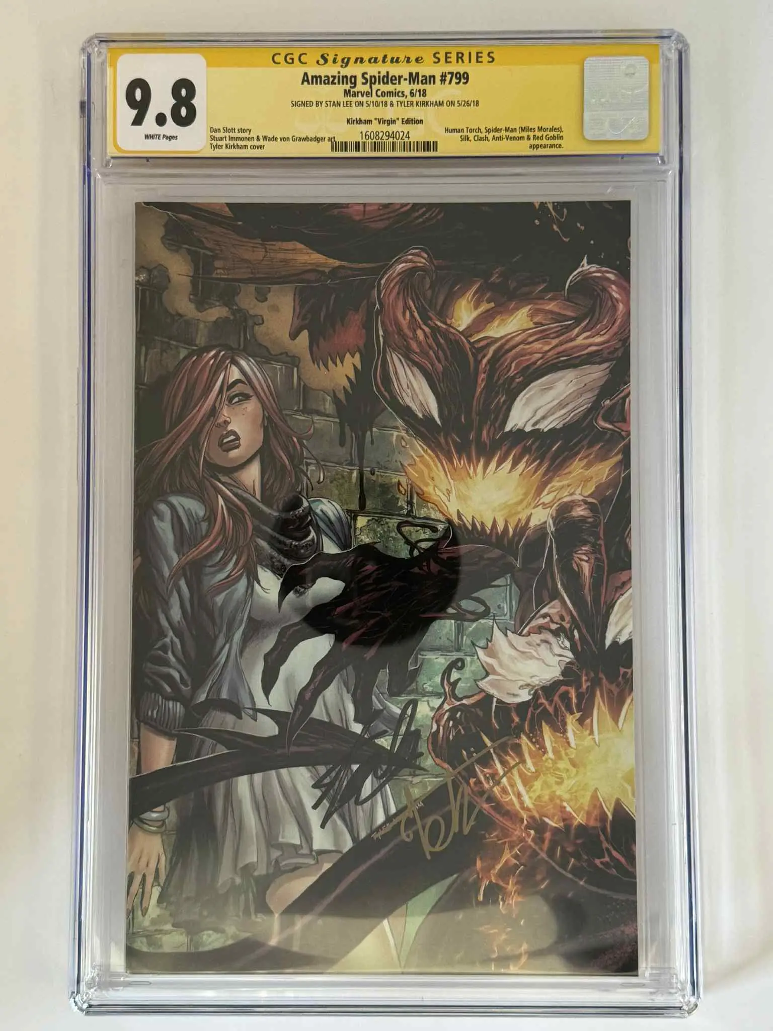 The Amazing Spider-Man #799 CGC 9.8 Near Mint-Mint Yellow Label Exclusive Virgin Variant Comic Book - Double-Signed by Tyler Kirkham, Stan Lee